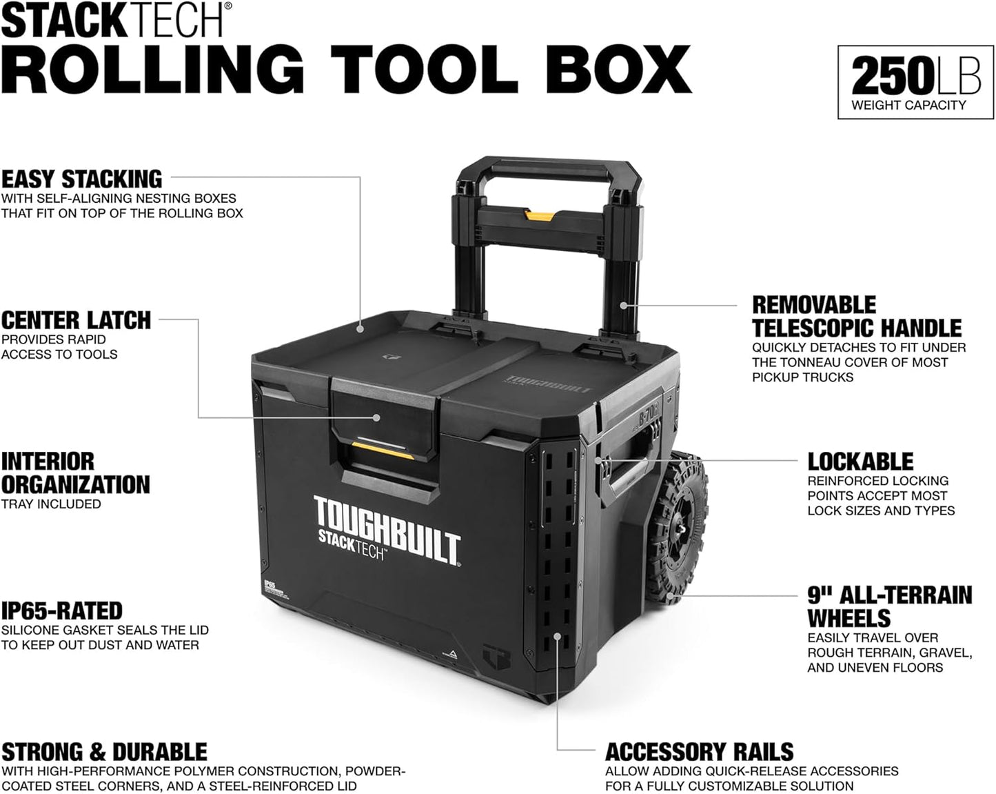 ToughBuilt StackTech Rolling Tool Box, Heavy-Duty Portable Tools Organizer, 250 lb Capacity - Stackable and Waterproof Toolbox Storage System with Lockable Lid and 9-Inch All-Terrain Wheels