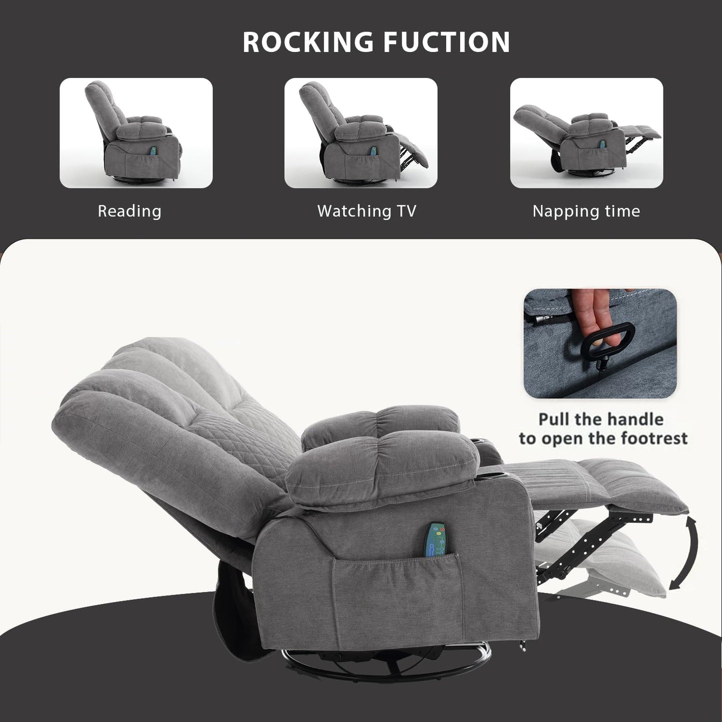 Swivel Rocker Recliner Chair for Adults with Vibration Massage, Overstuffed Soft Fabric Recliner with Lumbar Heat, Modern Manual Rocking Recliner with Cup Holders, for Living Room, Home Theater, Grey