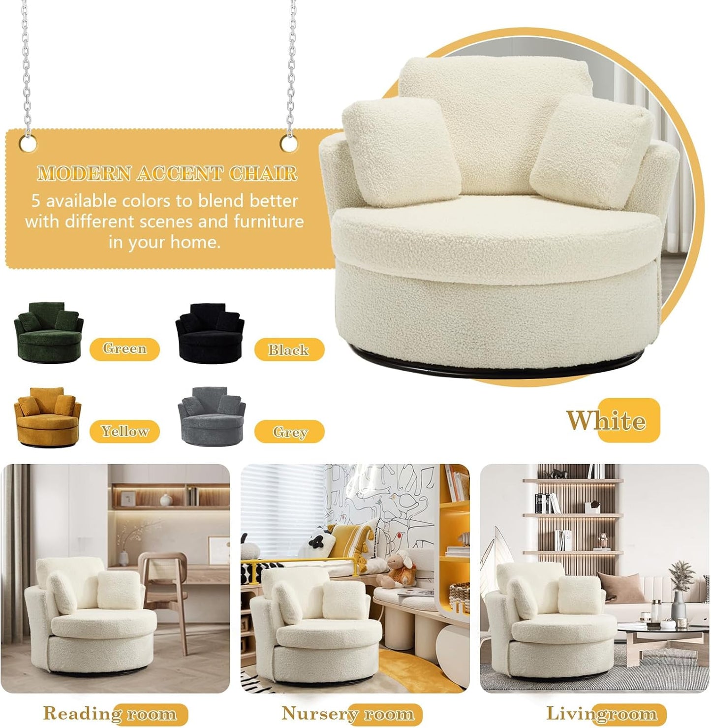 Swivel Barrel Chair Set of 2, Modern Fabric Oversized 360 Degree Club Accent Arm Chairs, Single Round Living Room Sofa Chair w/ 3 Pillows for Nursery, Bedroom, Reading, Office, Ivory