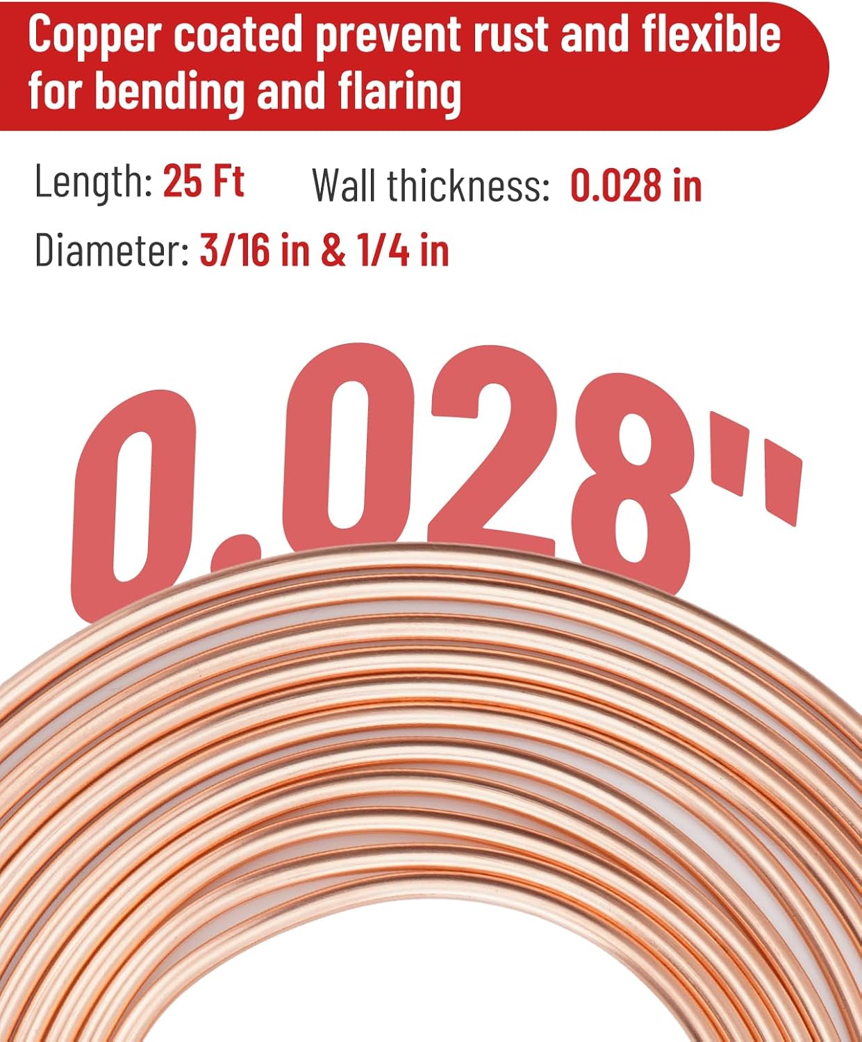 25 ft 3/16in &1/4in Copper Coated Brake Line Flaring Tool Kit, Includes 3-in-1 Tube Bender, Double & Single Flaring Tool Set, 4 Threads Unions, 40 Fittings