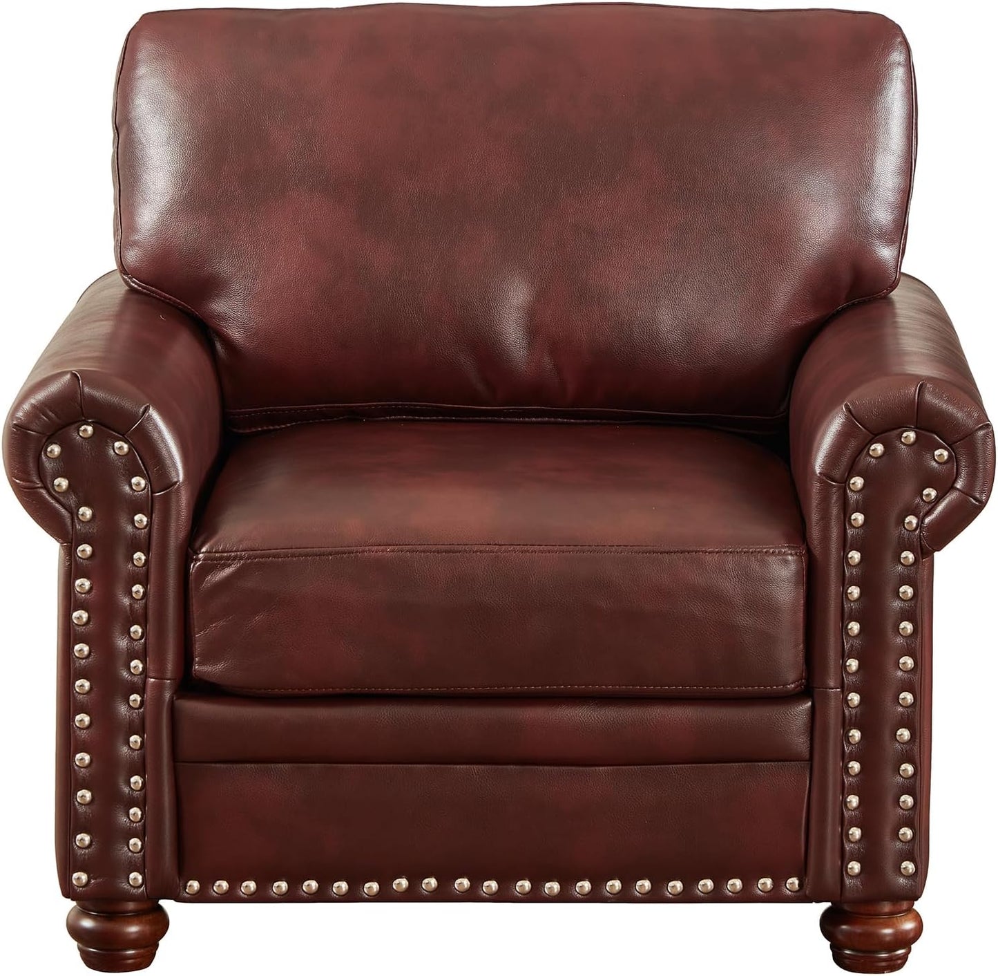 35" Faux Leather Pu Armchair Classic Vegan Leather Accent Chair Elegance Single Seat with Rolled Armrests Nailhead Trim Wood Legs Traditional Living Room 1 Seat-Burgundy