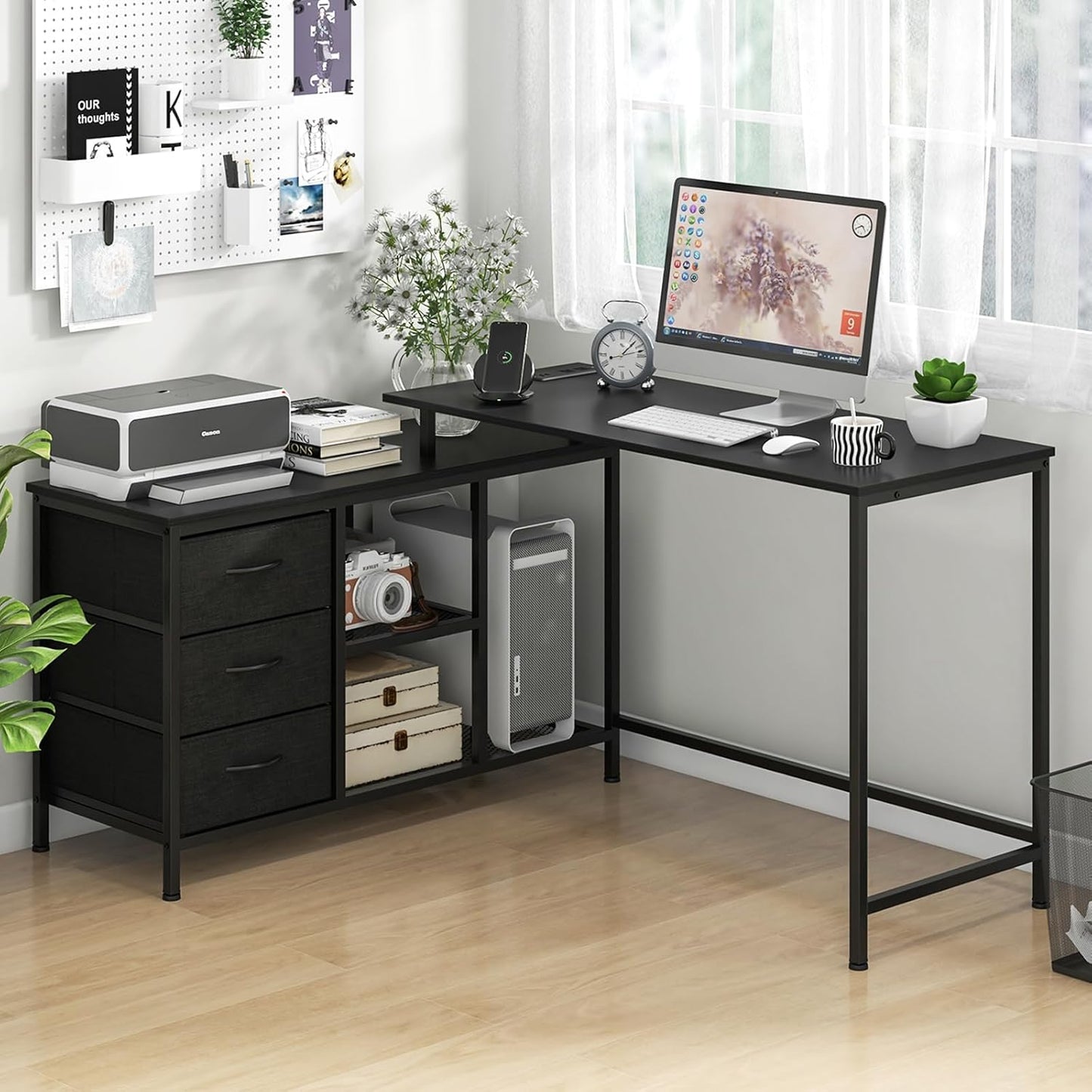 Tangkula 81 Inch L-Shaped Desk with Power Outlet, Convertible Corner Desk with Drawers & Shelves, Office Desk for Working, Studying, Gaming (Black)