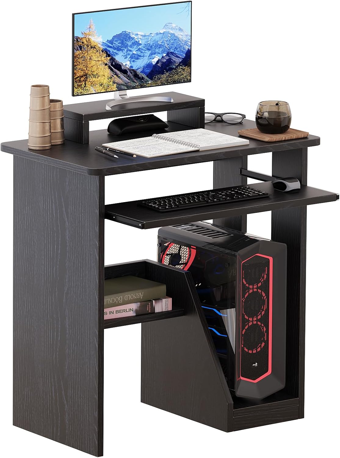 ALISENED Computer Desk with Storage Shelves, 29.5''Home Office Desk with Monitor Stand, Small Writing Desk Table with Keyboard Tray,Study Table with CPU Stand for Small Spaces Save Space