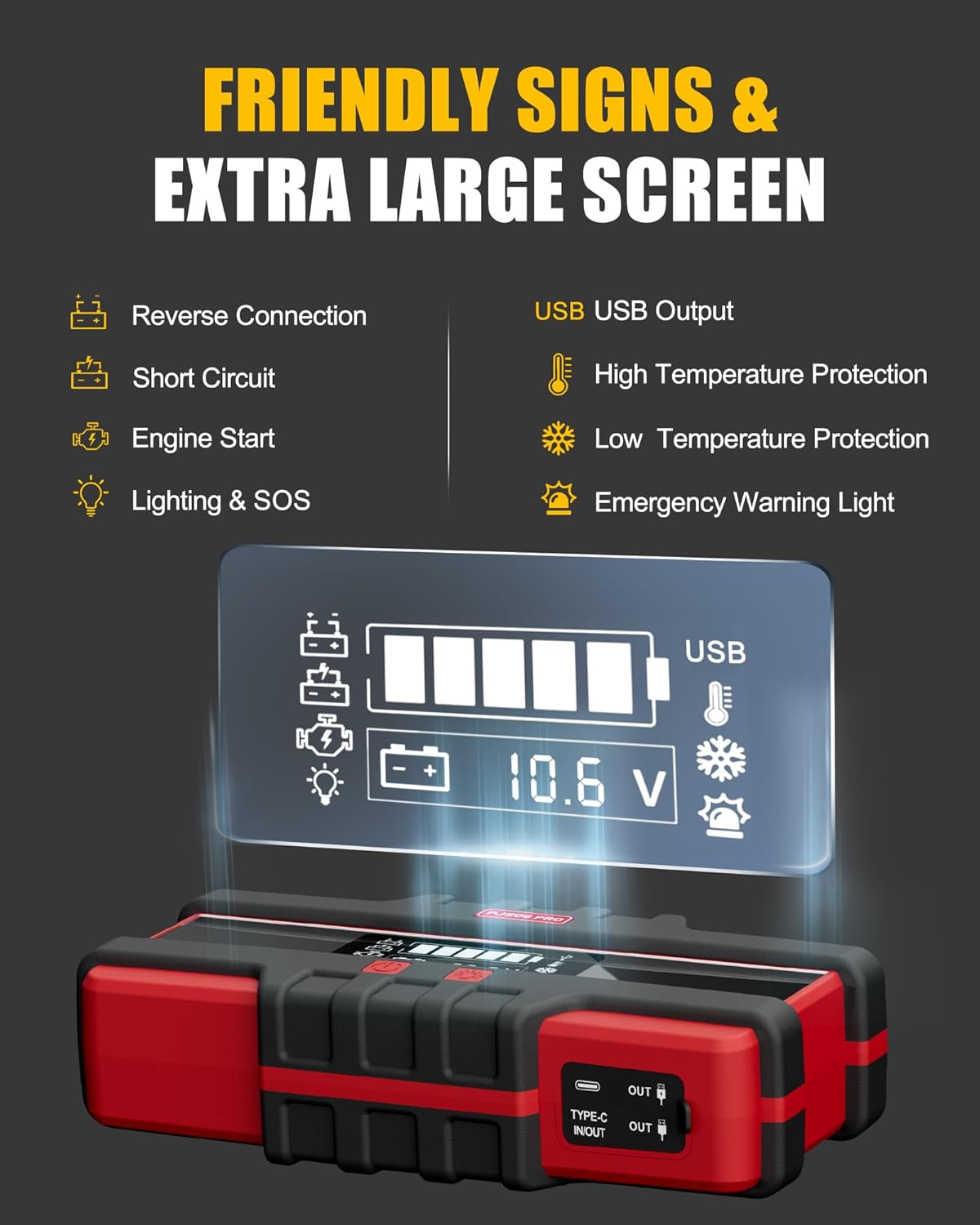 6000A Car Jump Starter (All Gas & 12L Diesel), 74Wh Portable Power Bank with 40W Fast Charge, Smart LCD Display, Red Warning Light