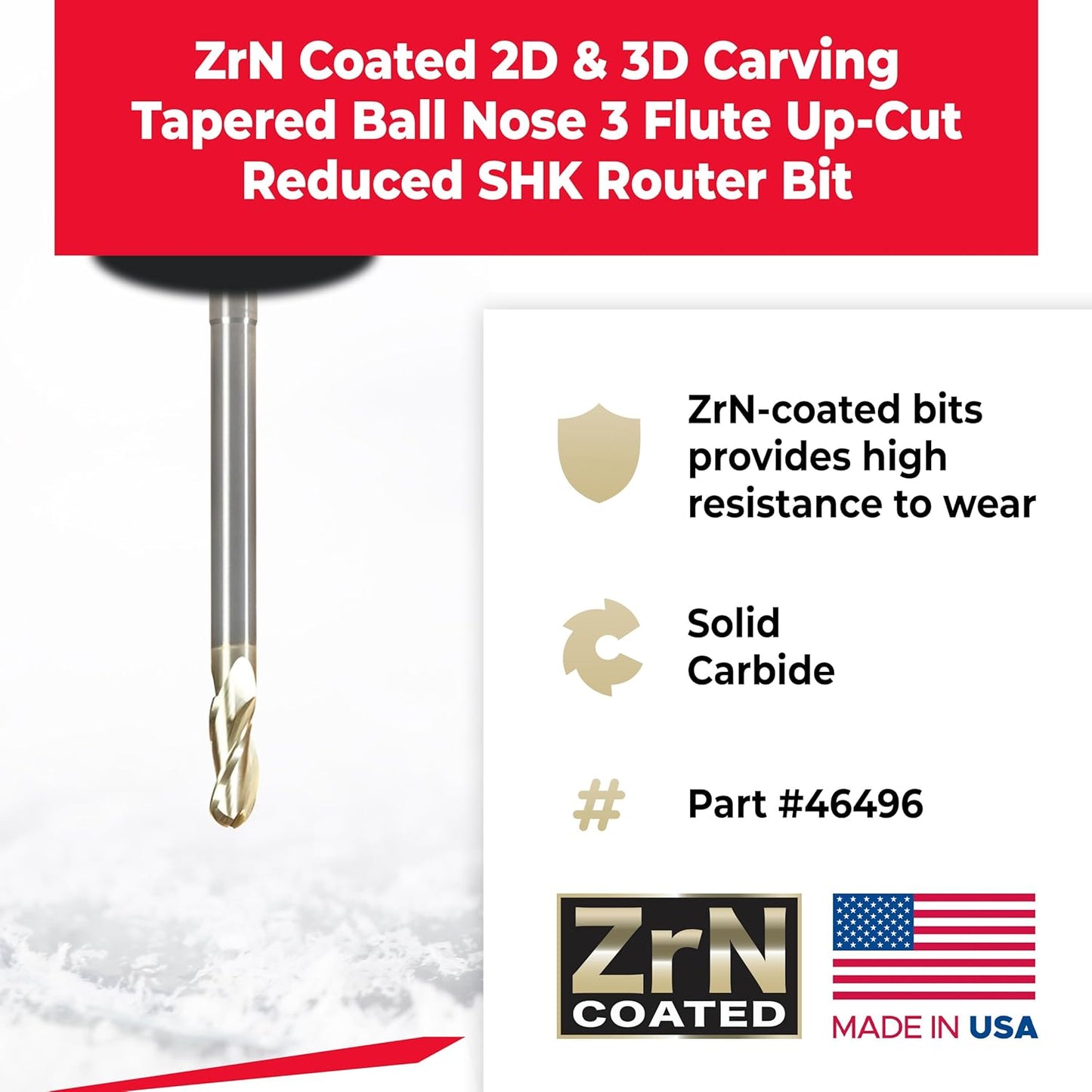 Amana Tool Extra Long CNC 2D and 3D Carving Ball Nose 0.10 Deg Straight Router Bit, ZrN Coated, 46496, 1/2 Dia x 1/4 Rad x 1-1/4 x 1/2 Shk x 7 x 3 Fl