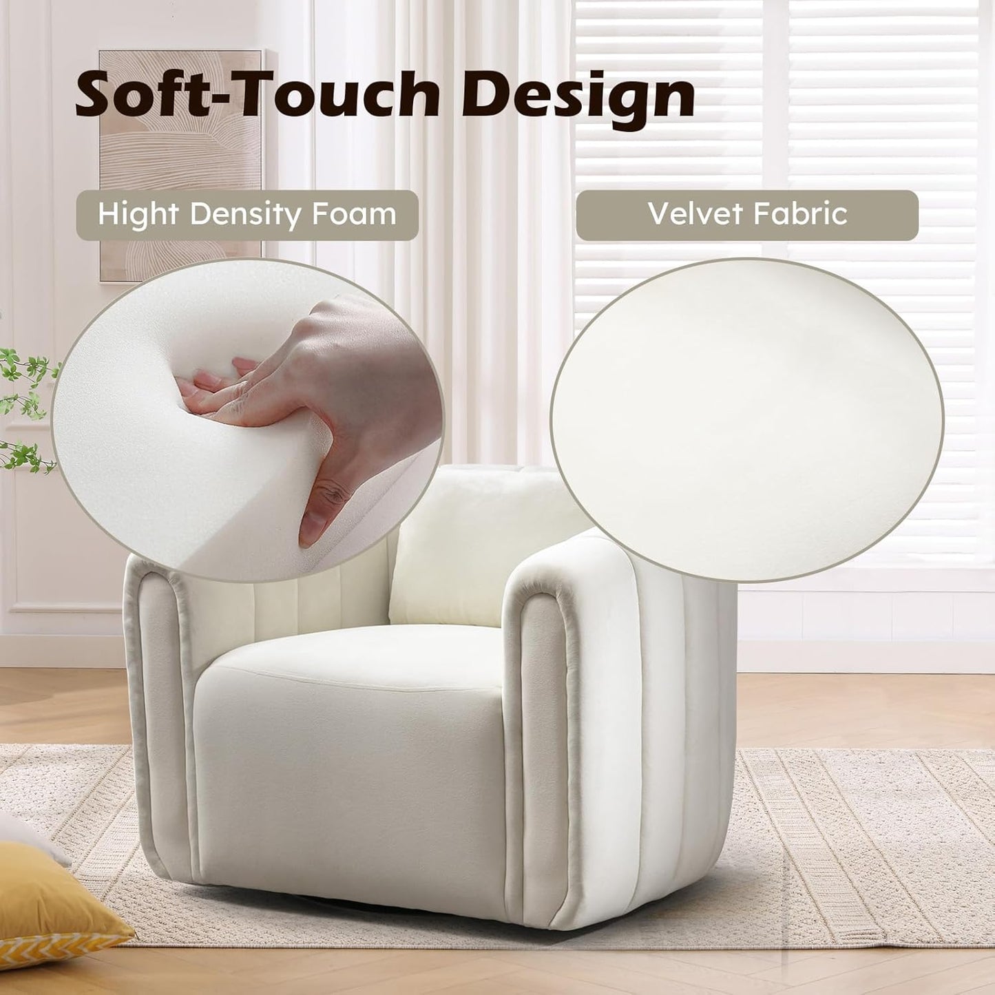 Bonzy Home Swivel Barrel Chair, Modern Velvet Swivel Accent Chair with Channel Tufting, Soft Upholstered Armchair for Living Room Bedroom Office (White, 2 Pack)