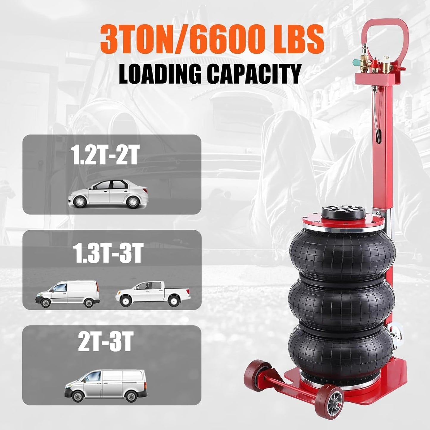 Air Jack,Heavy Duty 3 Ton/6600 lbs Air Bag Jack-3-Ply Pneumatic Lift up to 17.7 inch/450 mm for Cars/SUVs,Pneumatic Jack with Adjustable Long Handles