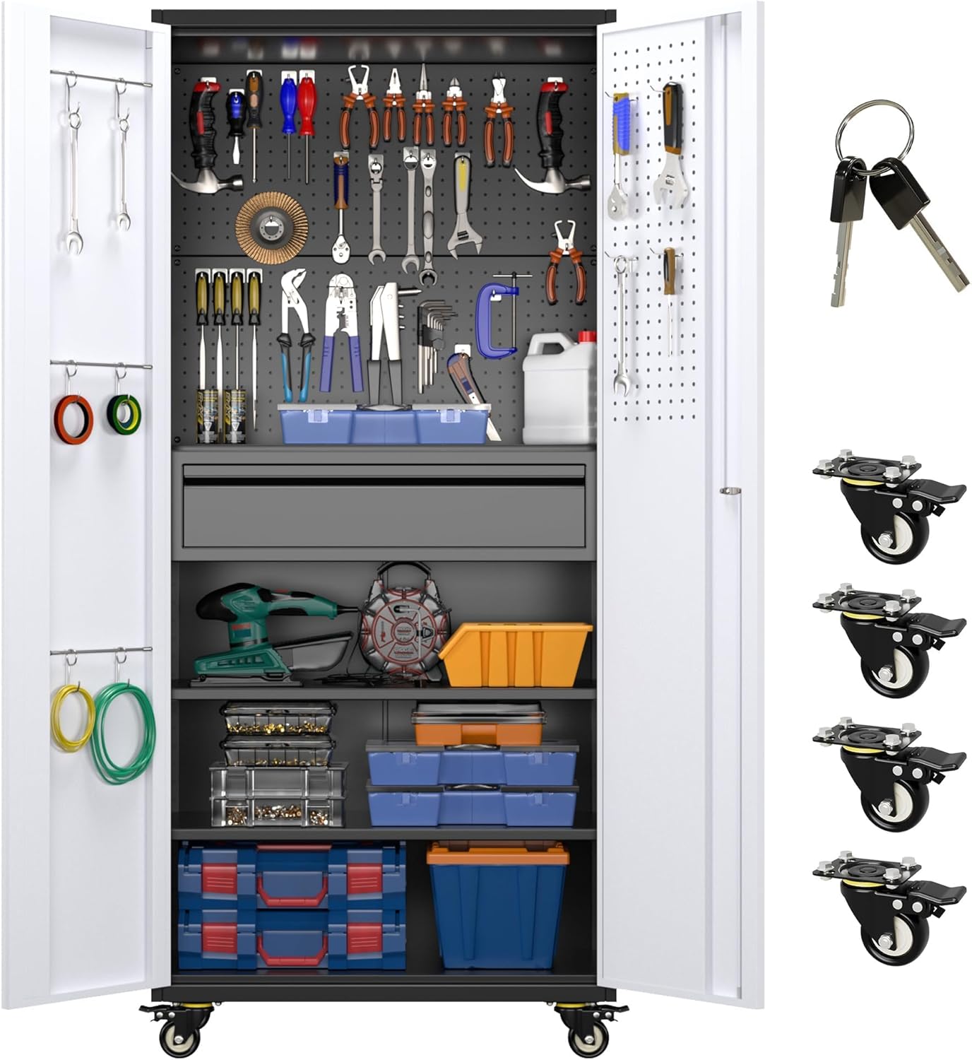 Aobabo Garage Storage Cabinet with Door Pegboard,Lockable Metal Storage Cabinet with 5 Adjustable Shelves for Garage Home,Required Assembly,Black