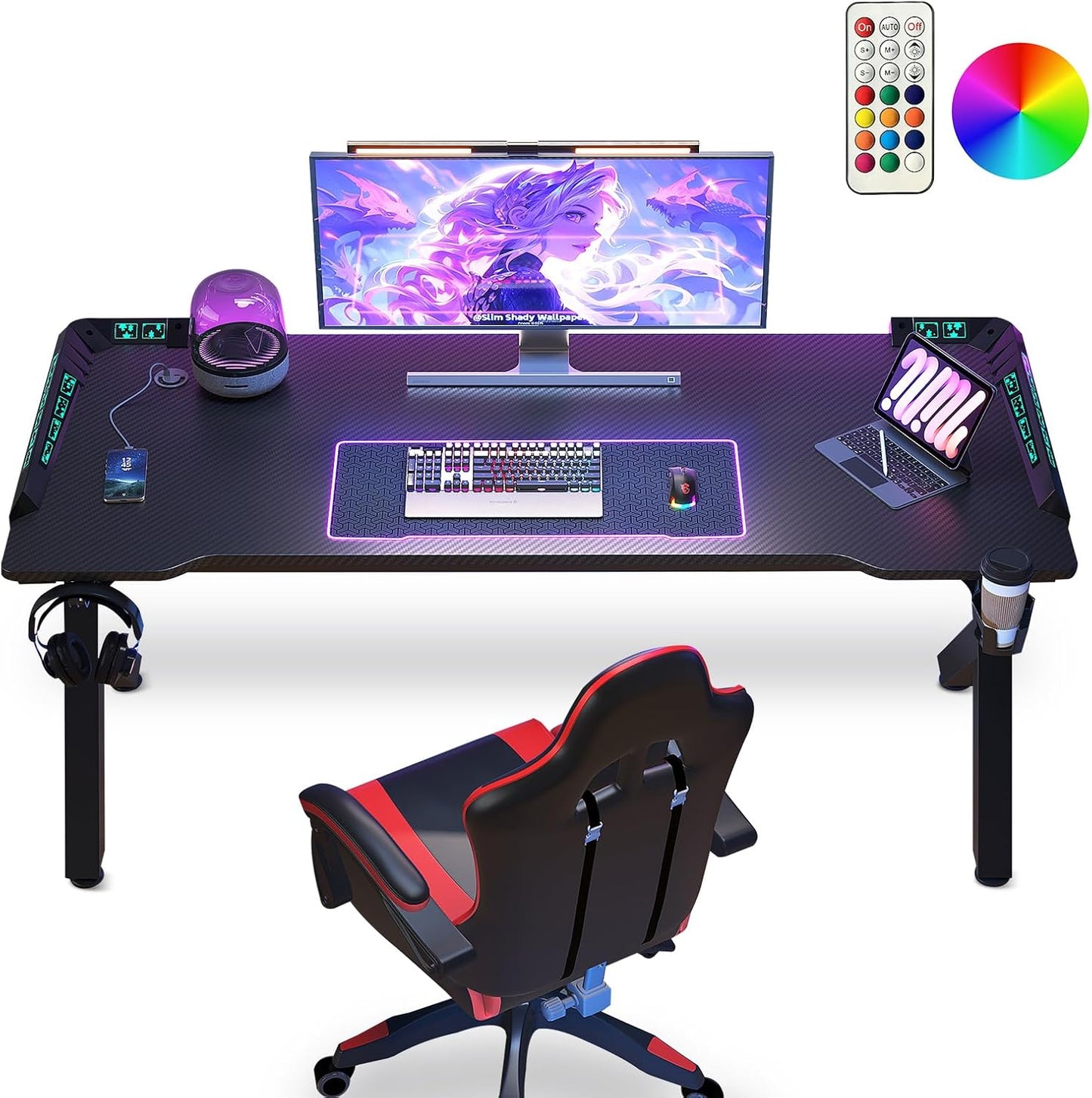 AZN Gaming Desk, 55'' Computer Desk, Gaming Desk w/LED Lights & Carbon Fiber Desktop, Home Office Desks w/Ergonomic Design, Computer Desks w/Cup Holder, Headphone Holder, Cable Organizer