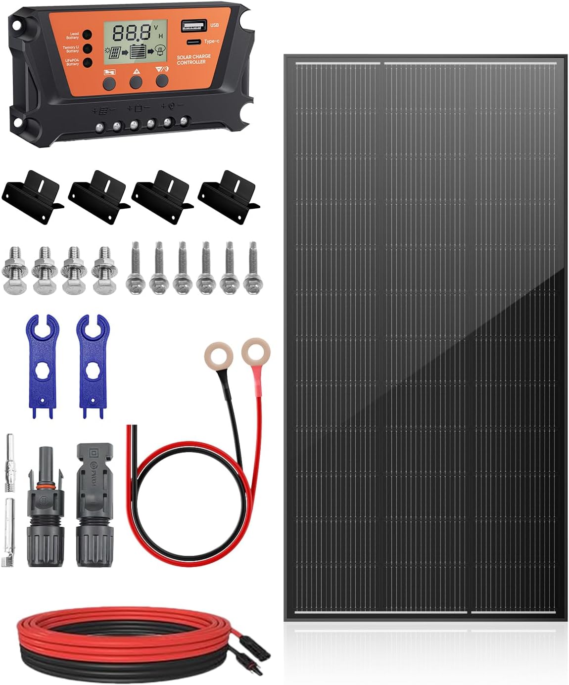 100 Watt 12V Solar Panel Kit with 30A PWM Charger Controller, 10AWG Solar Cable & Tray Cable, Z Brackets for RV, Battery, Boat, Camper, Cabin, Off-Grid System (100W Solar Panel Kit)