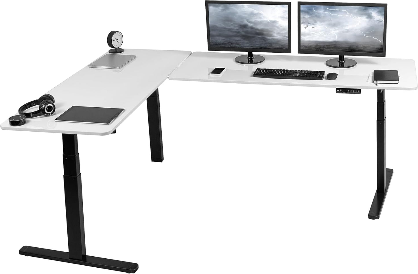 VIVO Electric Height Adjustable 83 x 60 inch Corner Stand Up Desk, 2 Light Wood Solid Table Tops, White Frame, Memory Controller, L-Shaped Workstation, 3E Series, DESK-KIT-3E8C