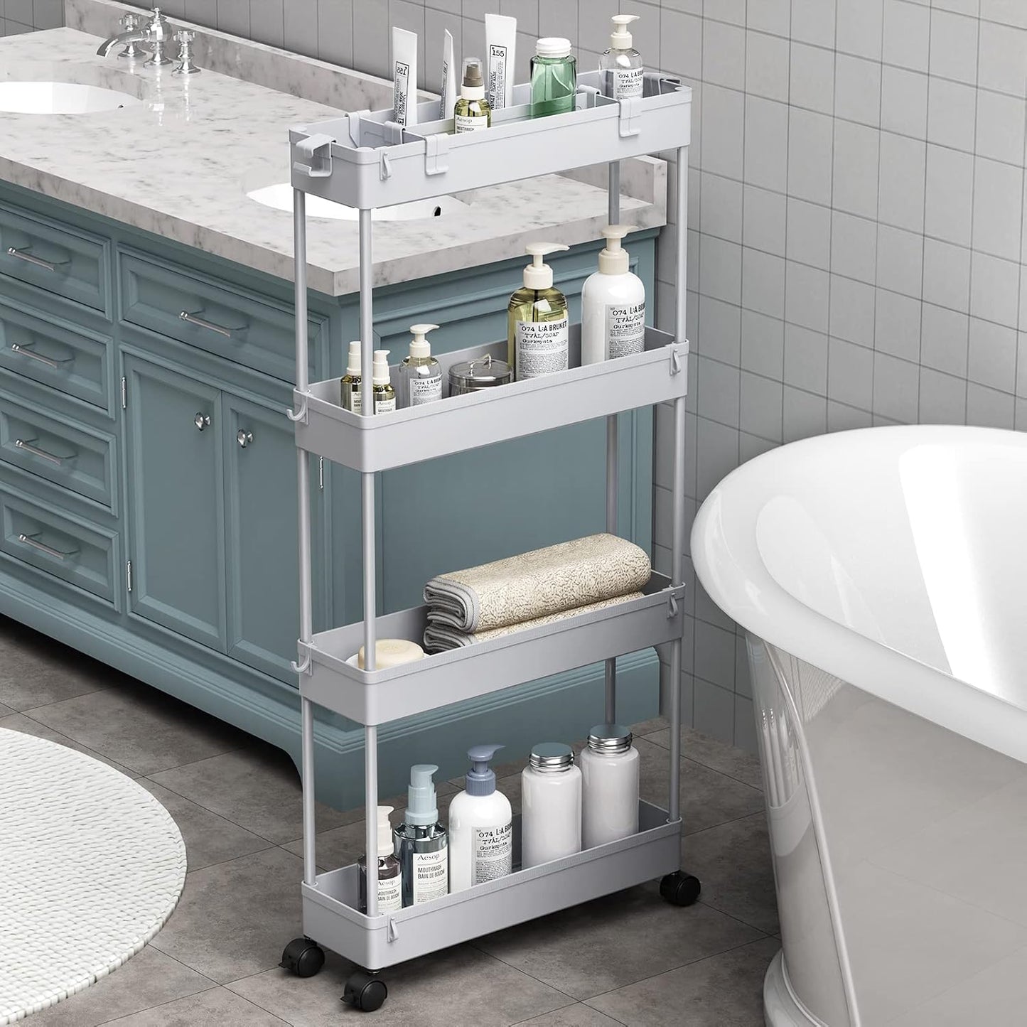SPACELEAD Slim Storage Cart 4 Tier,Bathroom Organizer Rolling Utility, Mobile Shelving Unit Slide Out for Office, Kitchen, Laundry Room & Narrow Places,White