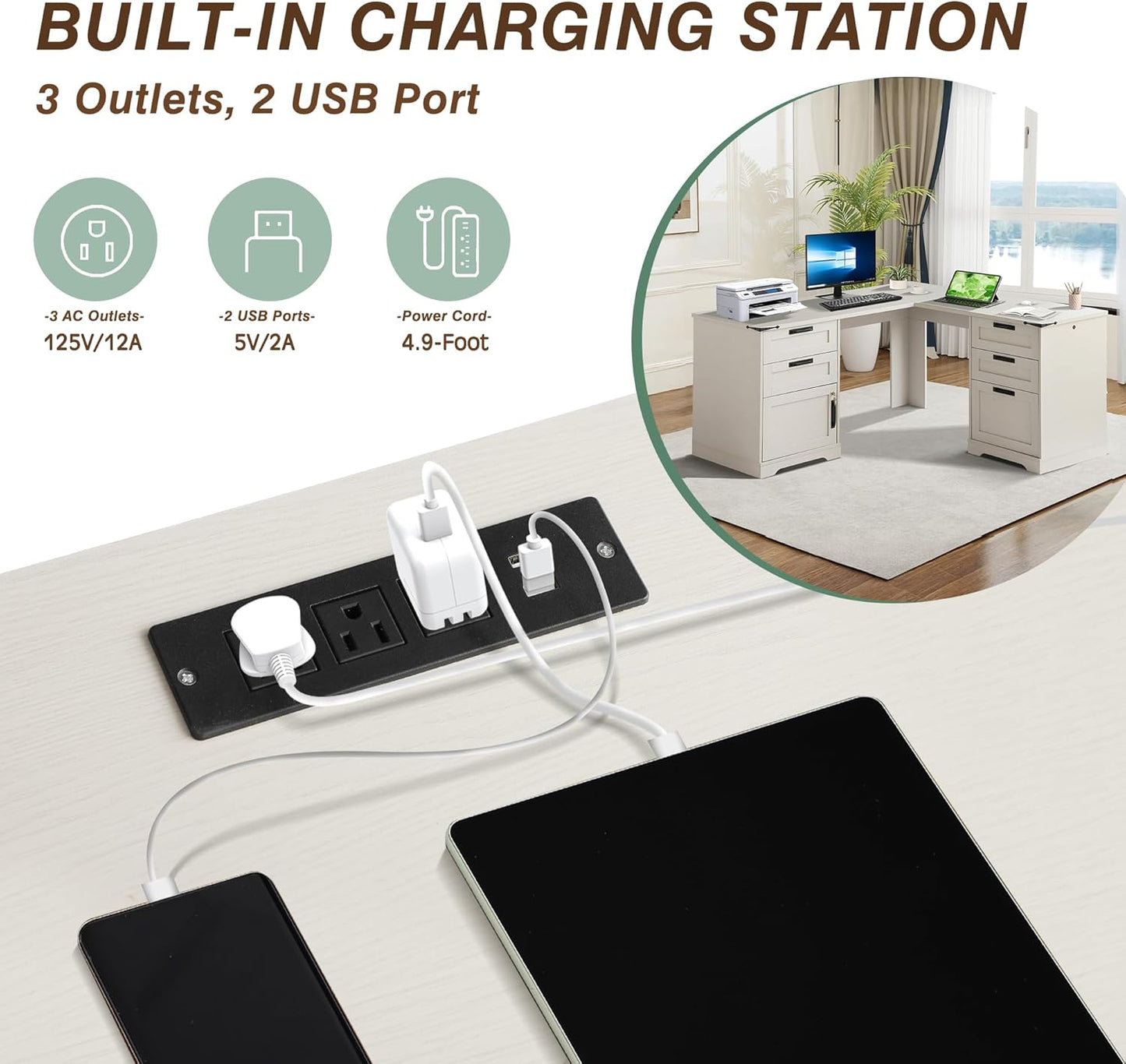 TITIMO 60" Executive L Shaped Desk with Drawers, Farmhouse Home Office Desk with Charging Station, Wood Corner Computer Desk with File Cabinet, Writing Computer Desk for Work and Study (Light Gray)