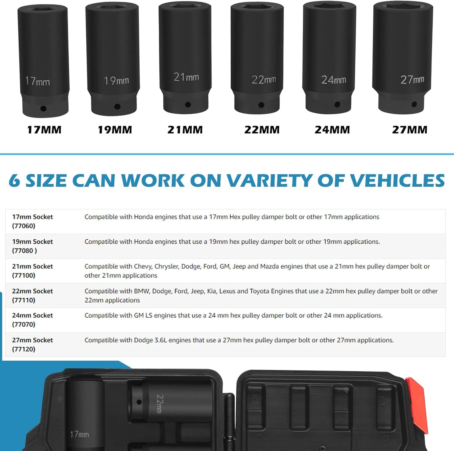 1/2" Drive Crank Bolt Socket Set, 17MM, 19MM, 21MM, 22MM, 24MM 27MM, Harmonic Balancer Socket Set, Crank Bolt Removal Tool, 3 Times Momentum Power of Standard Impact Socket Set, Deep Impact Socket Set