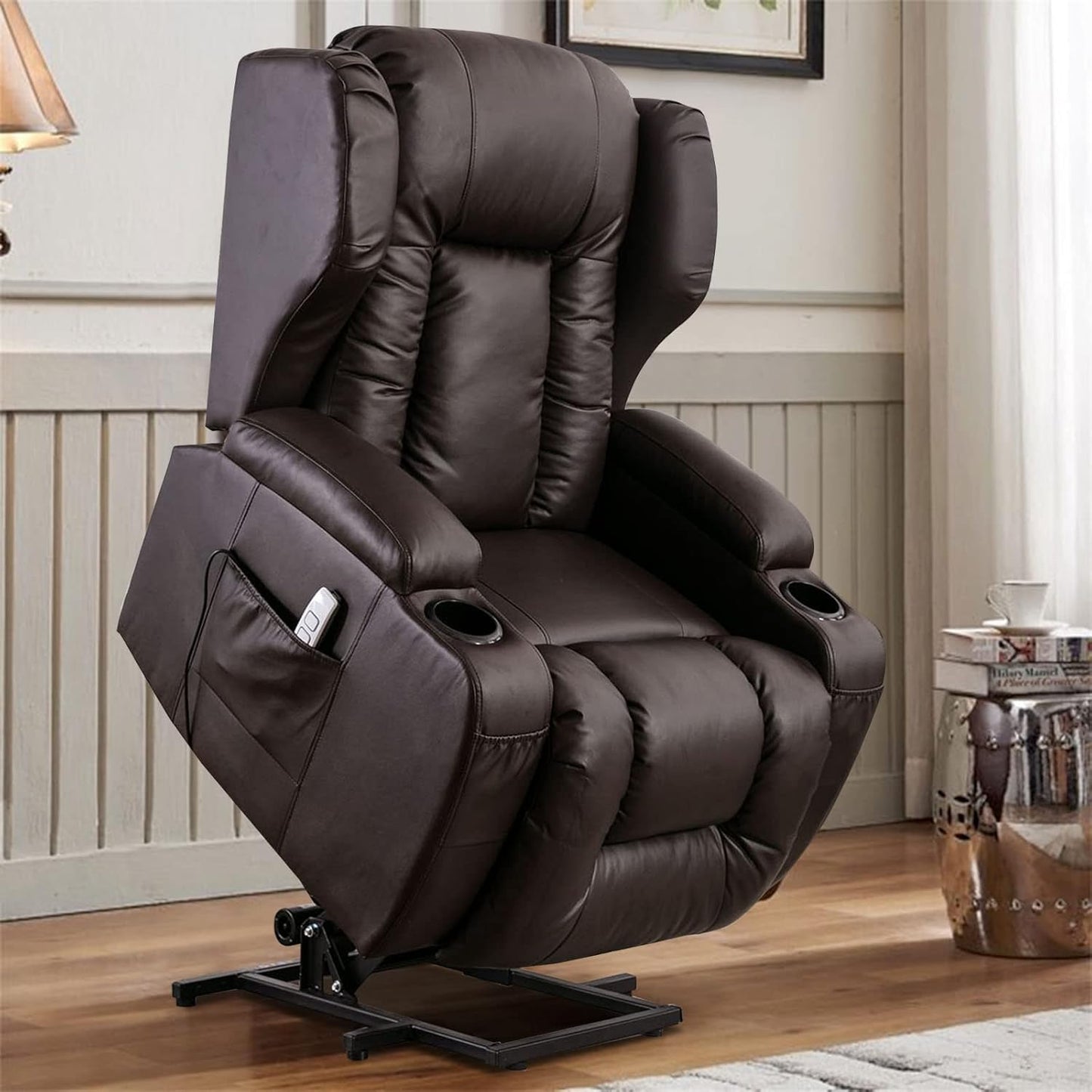 IPKIG Power Lift Chairs Recliners for Elderly with Massage and Heated, Faux Leather Power Recliner Chair with USB Ports/2 Remote Control/4 Side Pocket for Living Room, Bedroom (Black)