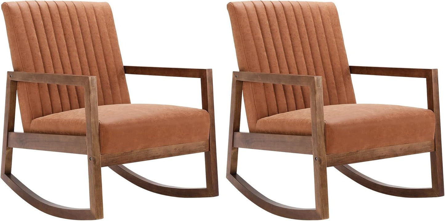 VESCASA Upholstered Linen Rocking Chairs with Channel-Tufted Back, Mid-Century Modern Comfy Rockers with Light Walnut Wood Frame for Nursery Living Room Bedroom Reading, Set of 2, Grey