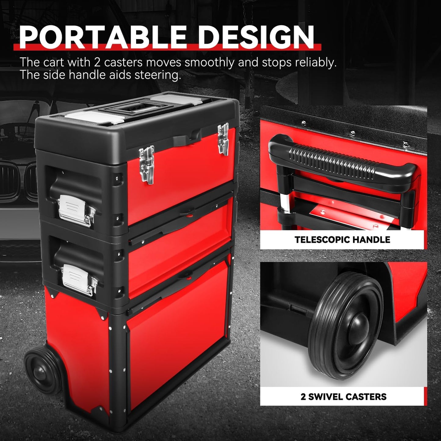 Auto Dynasty Stackable Tool Box 3-Tier Tool Separate Organizer Rolling Tool Chest with Wheels 3-in-1 Upright Trolley Tool Chest for Garage or Workshop, Red
