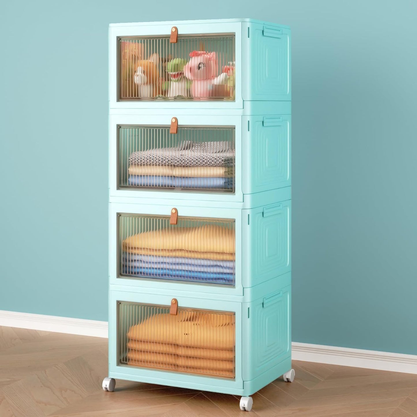 4 Tier Storage Bins with Lids, 23QT Stackable Closet Organizers and Storage with Wheels, Collapsible Storage Boxes, Foldable Plastic Storage Containers for Home,Office, Dorm Room-White