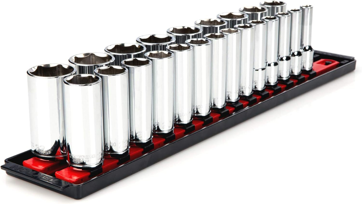 TEKTON 1/2 Inch Drive 6-Point Socket Set with Rail, 15-Piece (10-24 mm) | SHD92102