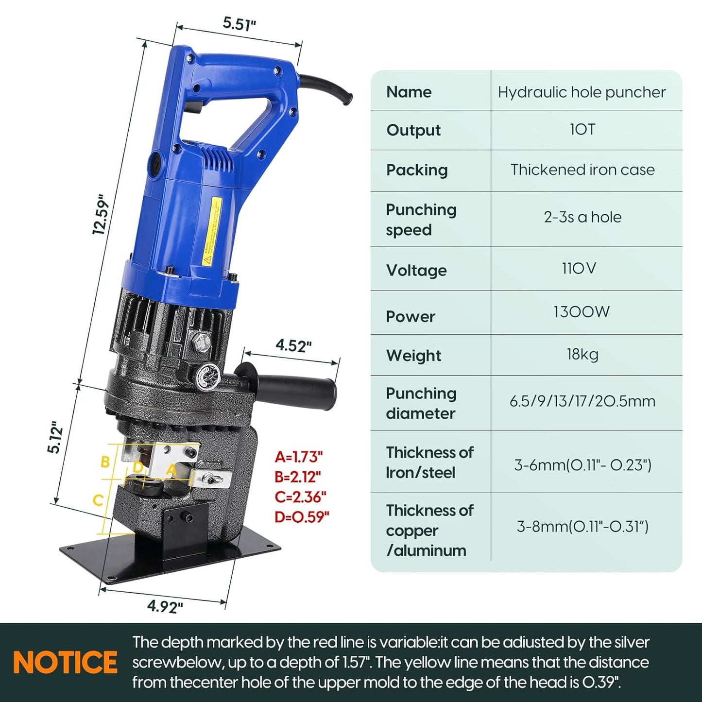 1300W Electric Hydraulic Hole Puncher, 110V Steel Punch Machine, Electric Hydraulic Hole Punch with Die Φ1/4" 3/8" 1/2" 11/16" 4/5", Angle Steel Punching Tool for Iron Aluminum Copper Plate