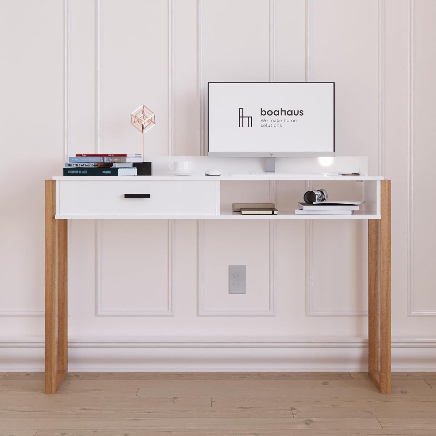 Boahaus Modern Computer Desk with USB Port & Storage - White/Brown - Space-Saving Home Office Desk