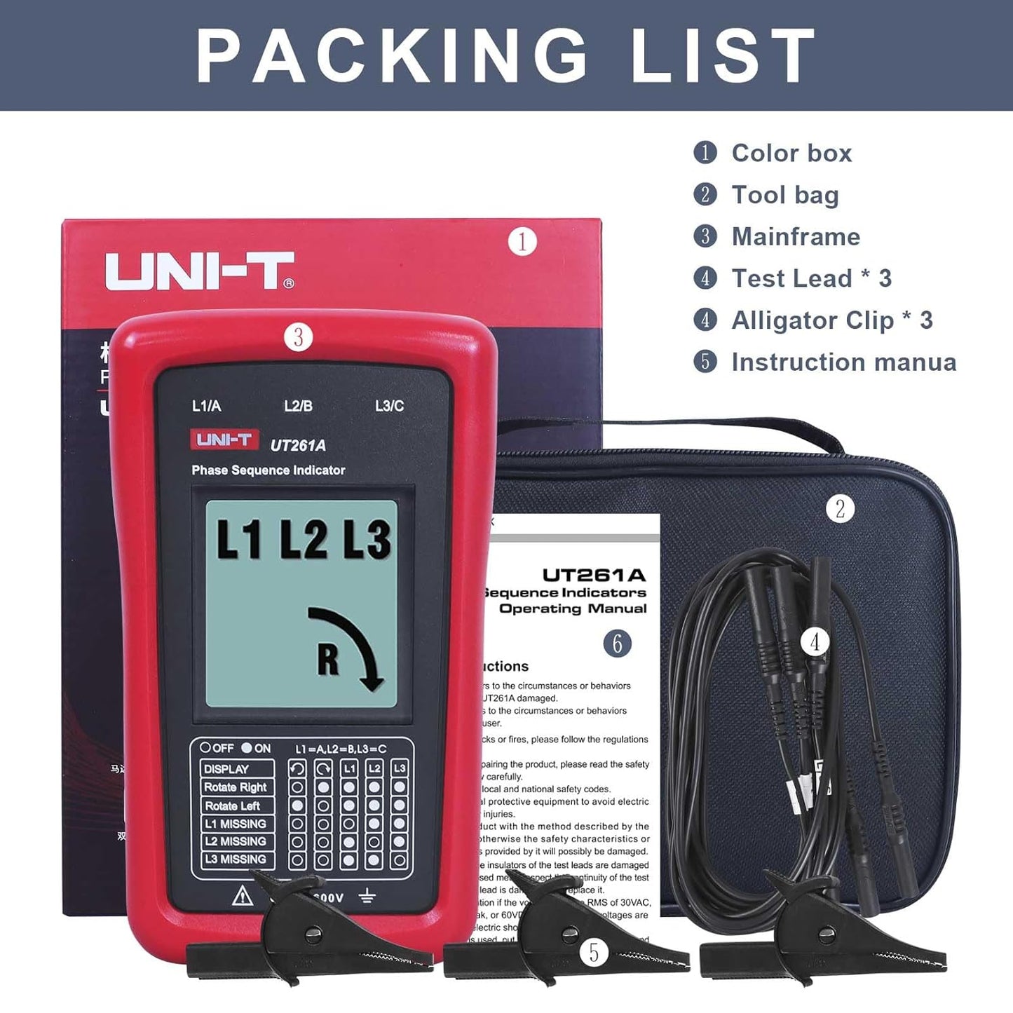 UNI-T 3-Phase Rotation Meter Sequence Tester, AC Phase Sequence Indicator 40V-690V Lack Phase Meter Motor UT261A