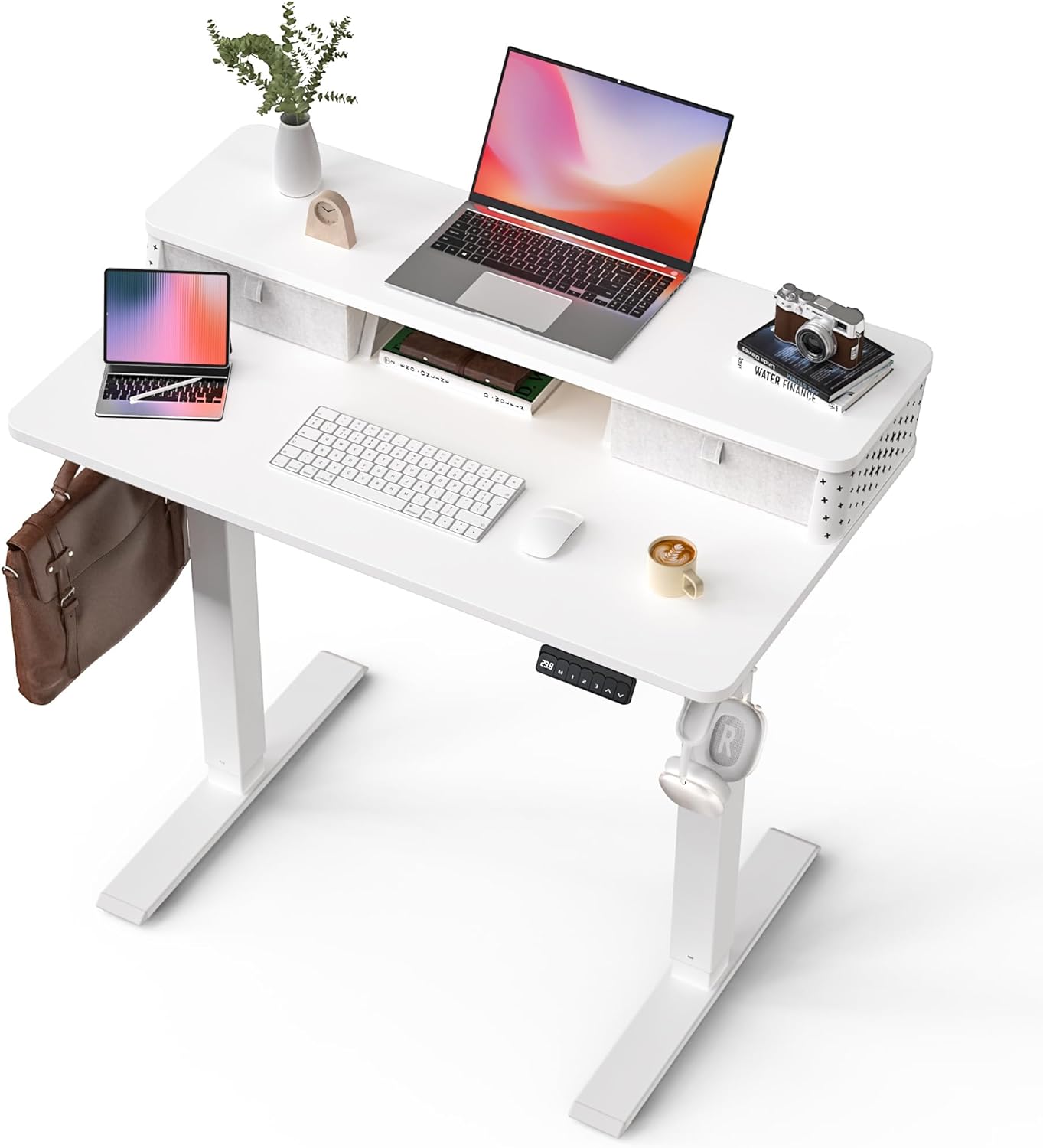 35x20 Inch Standing Desk with Double Drawers, C-Clamp Mount Compatible, Electric Adjustable Height Computer Stand Up Desks, Home Office Sit Stand Table with 3 Preset Heights & 2 Hooks, Black