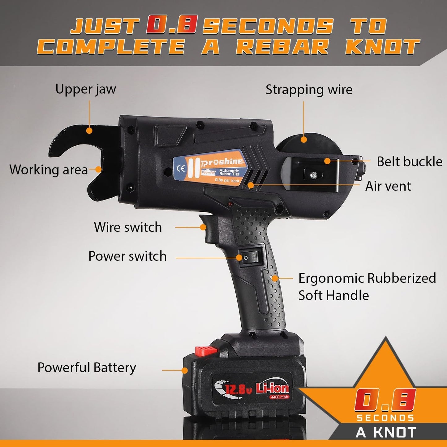 Automatic Rebar Tier 0.3"-1.3" Rebar Tie Rebar Tying Gun + 4400mAh Rechargeable Battery + 2PCS Rebar Tie Wire Rebar Tier Tying Machine 0.8S a Knot