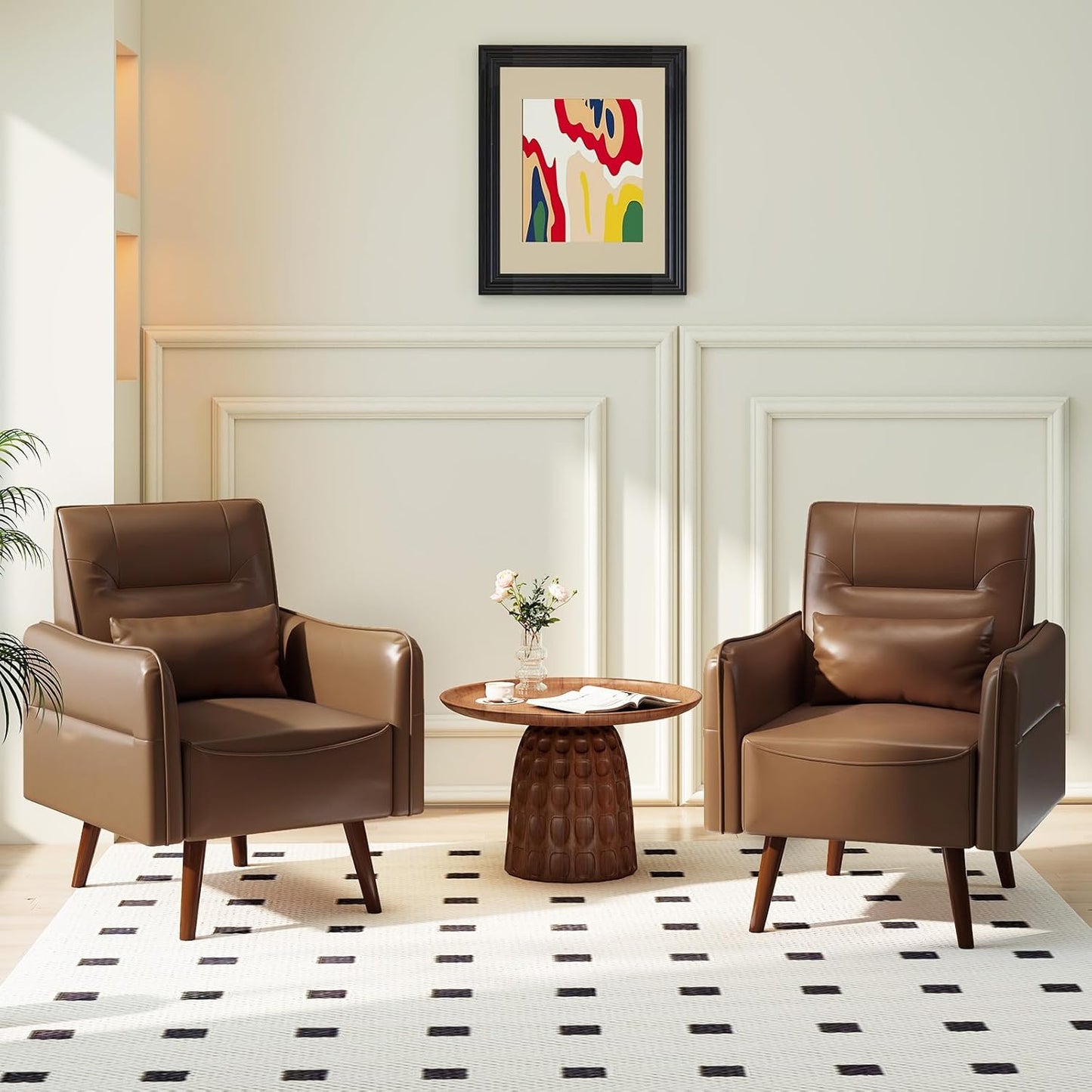 Bonzy Home Mid-Century Modern Faux Leather Accent Chair Set of 2 for Living Room,Upholstered Armchair with Pillow and Solid Wood Legs, Comfortable Lounge Chair for Bedroom or Office,Brown