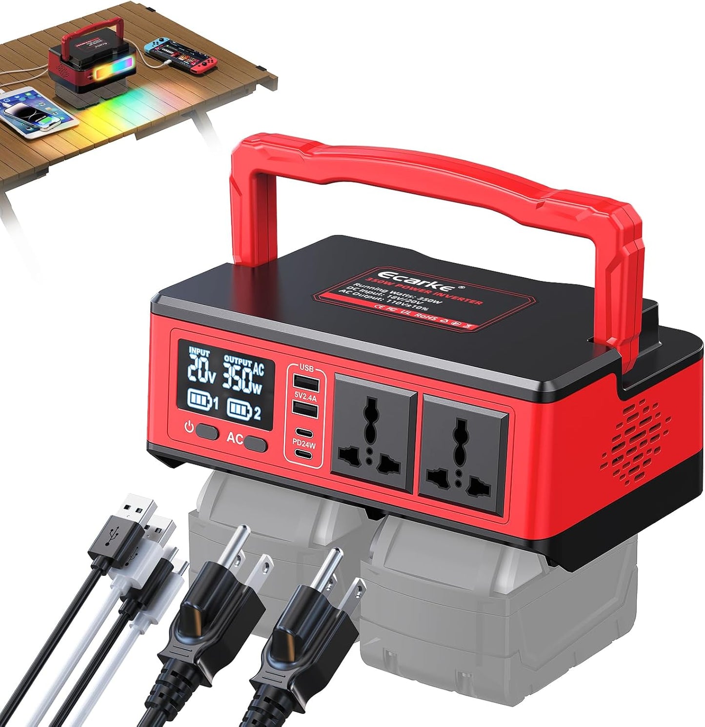 350W Power Inverter Compatible with DeWalt 20V Batteries: Ecarke Portable Power Outlet 2 AC Outlets 2 USB Phone Charger 2 Type-C, Generator DC 18V to AC 110V - Battery Adapter LED Light RGB Light