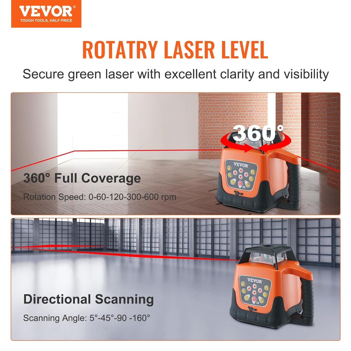 VEVOR Rotary Laser Level 1650ft,360 Degree Self Leveling Red Cross Line Laser,5 Rotation Speeds&4 Scanning Angles Adjustment,IP66 Waterproof Remote Control Manual Self-leveling Mode,Battery Included