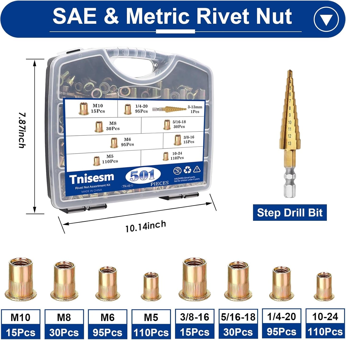 Tnisesm Rivet Nut Tool Kit with 501Pcs Rivet Nuts(10-24,1/4-20, 5/16-18, 3/8-16, M5, M6, M8, M10) 8Pcs Metric & SAE Mandrels, Step Drill Bit and Rugged Carrying Case Nutsert Tool Kit
