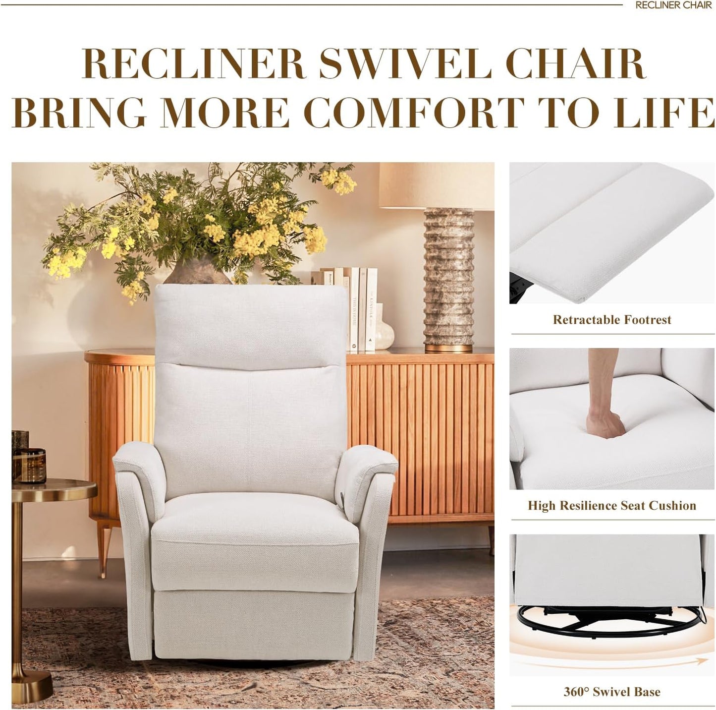 Swivel Rocking Recliner Glider Chair, Upholstered Fabric Reclining Rocker Chair with Footrest for Nursery, Living Room, Bedroom-White