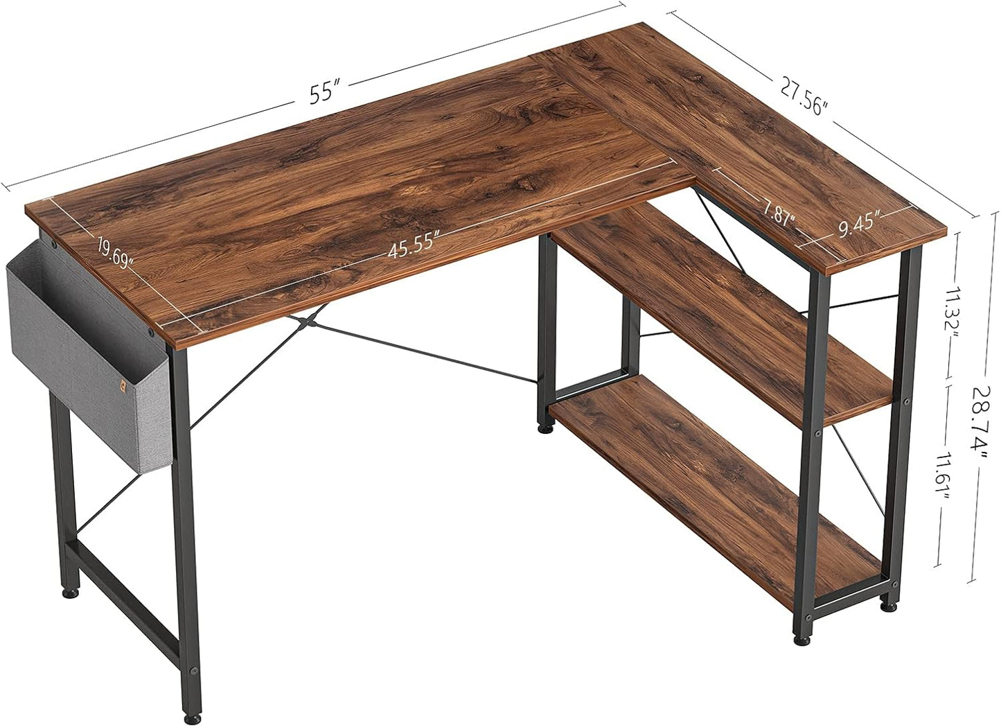 BANTI 55 Inch Small L Shaped Computer Desk with Storage Shelves Home Office Corner Desk Study Writing Table, Brown
