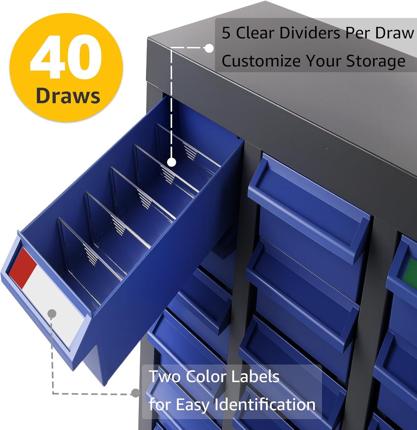 40 Drawer Parts Cabinet Organizer with Dividers and Labels, Alloy Steel Frame, ABS Drawers for Bolts, Nuts, Screws, Tool Storage in Workshop, Garage, or Classroom (40 Drews)