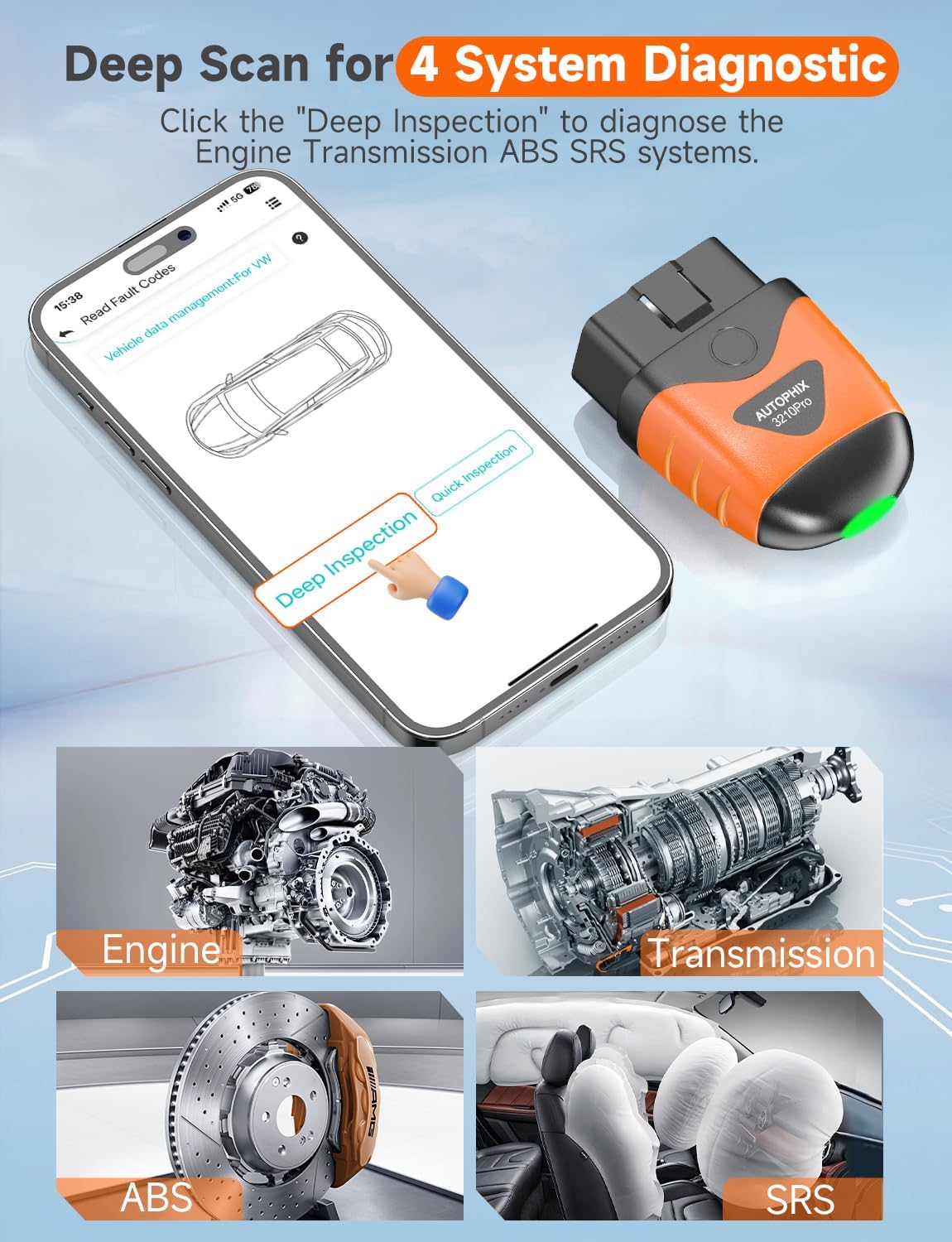 AUTOPHIX 3210 Pro OBD2 Scanner Bluetooth, ABS SRS Transmission Airbag Scanner, Check Engine Light Code Reader, Wireless Car Scan Tool Diagnostic Scanner with Battery Test, Works with iOS & Android