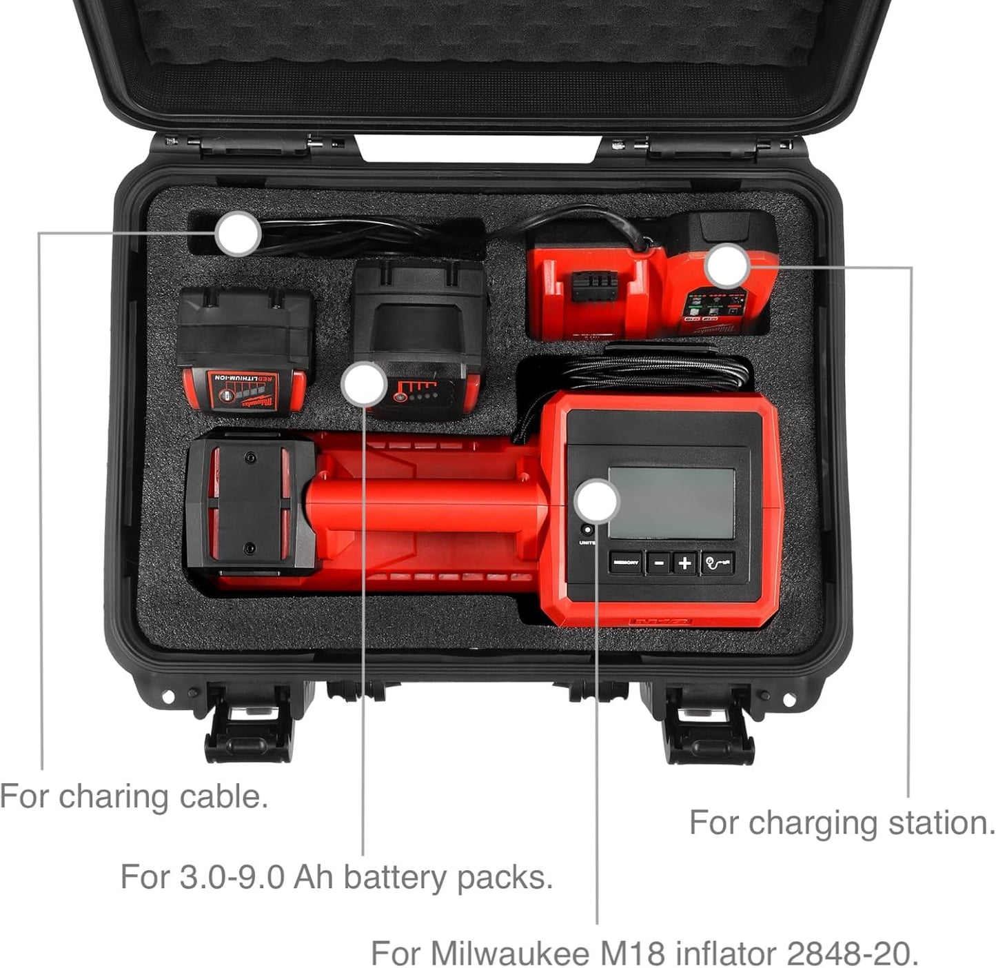 Waterproof Hard Case Compatible with Milwaukee M18 Inflator 2848-20, Air Compressor Carrying Case for Milwaukee Tools, Can Hold 18V 3.0 to 9.0 Ah Battery Packs and Charging Station