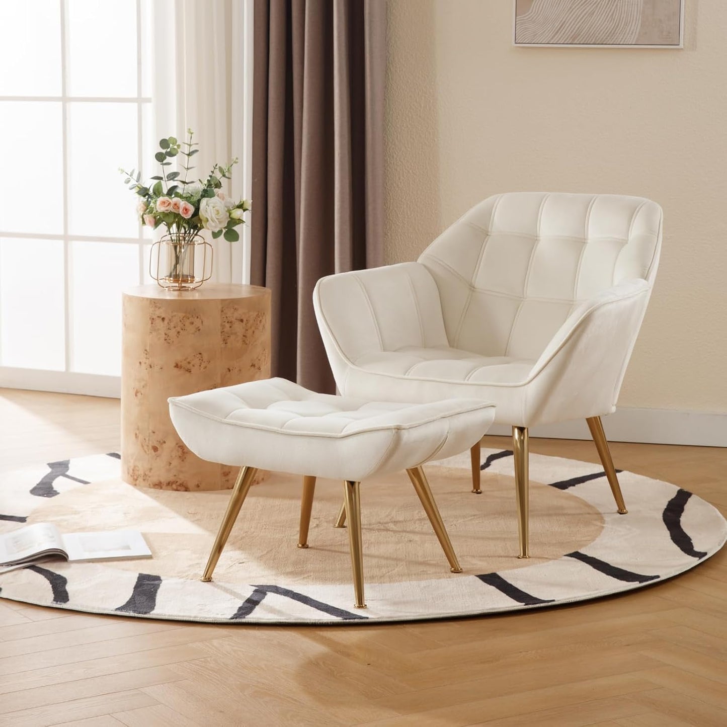 Accent Chair with Ottoman, Upholstered Velvet Armchair with Wood Legs Fluffy Armchair Side Chair Sofa Chair Reading Chair Living Room Chair with Footstool for Bedroom Apartment, Cream