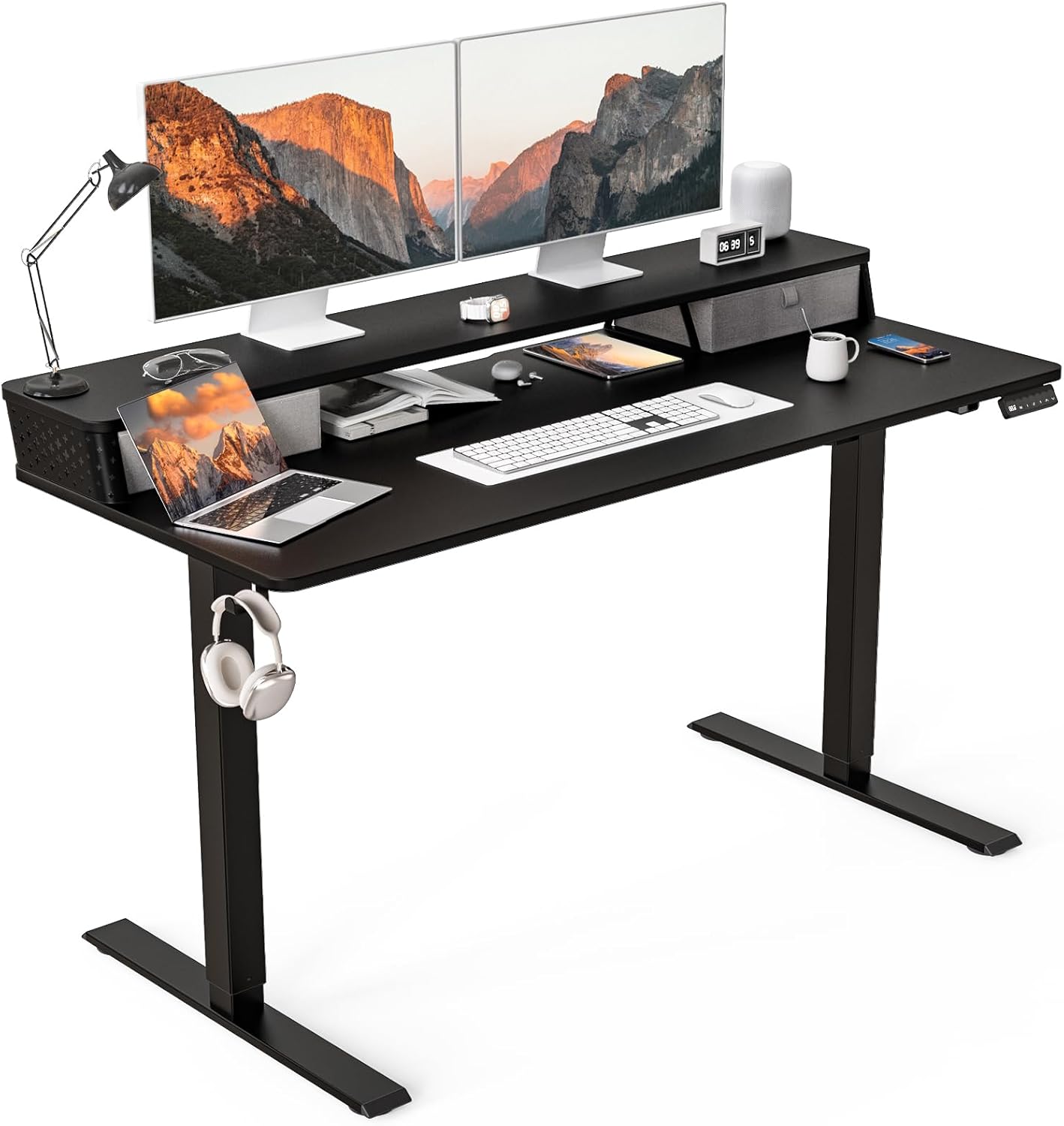 48"x 24" Standing Desk with Drawers, Easy Assembly Design, Adjustable Height Sit Stand Up Desk, Home Office Table with C-Clamp Mount Compatible, 3 Preset Heights & 2 Hooks(Rustic Brown)