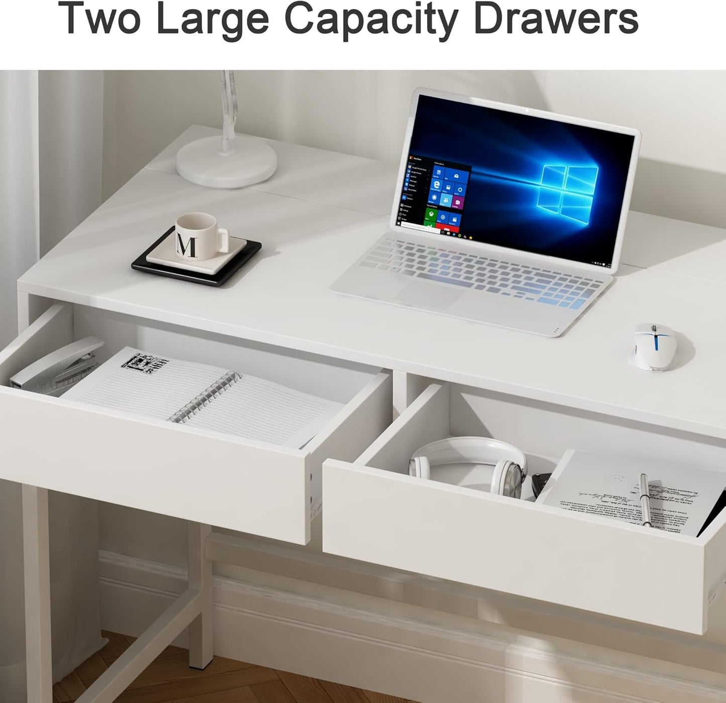 Treocho Computer Desk with USB Charging Ports and Power Outlets, Modern Simple 40 inch White Desk with 2 Drawers, Vanity Desk, Makeup Table for Home Office, Bedroom