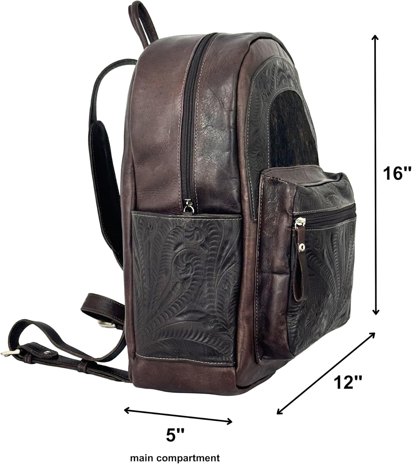American West Classic Travel Backpack with Hair-on Hide, Genuine Hand Tooled Leather, Interior Laptop Sleeve (Natural Tan)