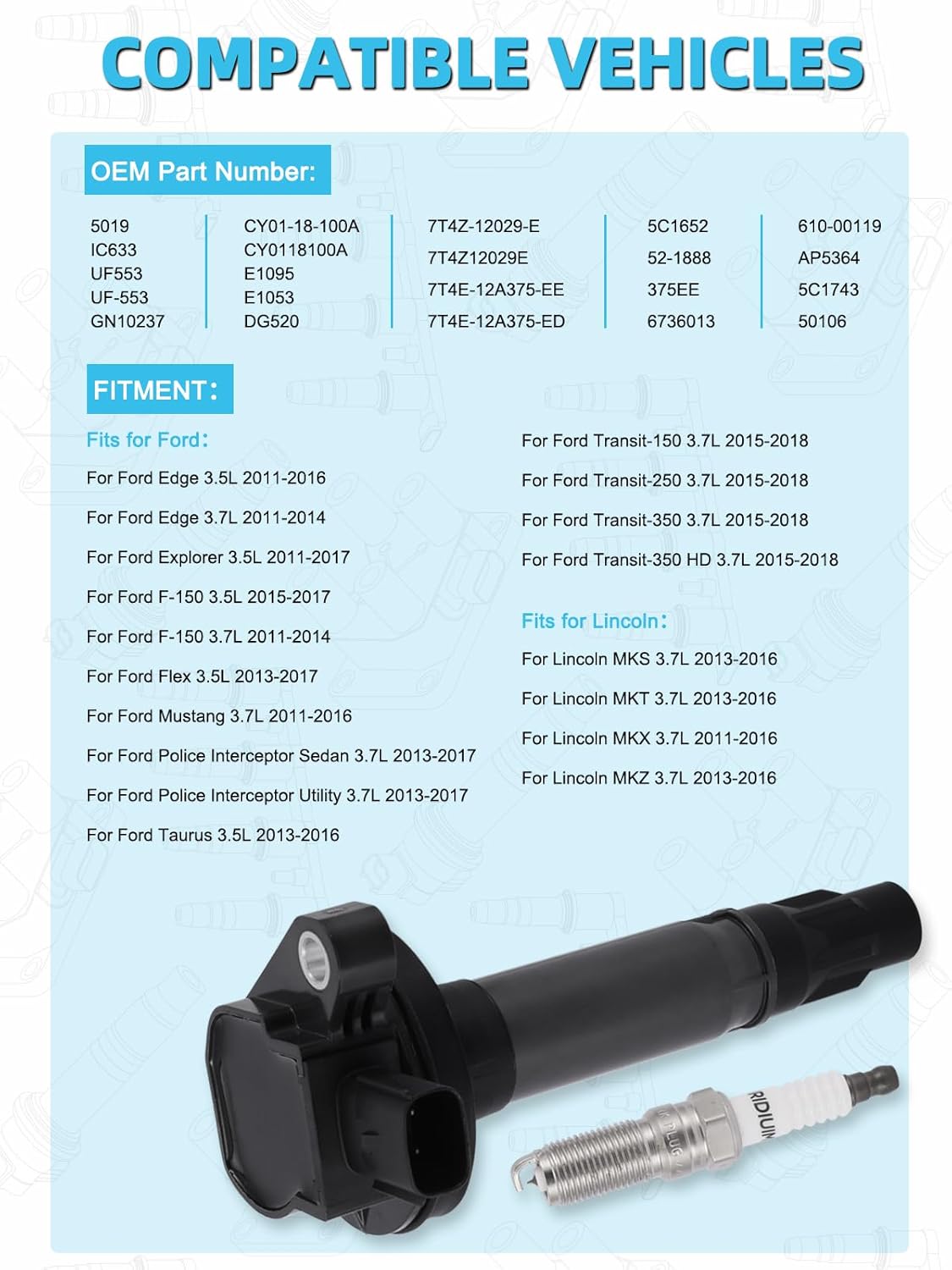 Set of 6 UF553 DG520 Ignition Coil Pack Iridium Spark Plugs (3.5L 3.7L) For Ford Edge Flex Taurus Explorer F150,For Lincoln MKS MKT MKZ MKX,For Mercury Sable