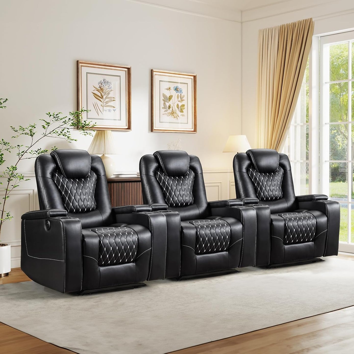 ANJ Power Recliner Chair with USB Ports and Cup Holders - Overstuffed Electric Home Theater Seating PU Leather Reclining Furniture with Hidden Arm Storage, Easy to Clean (Black)