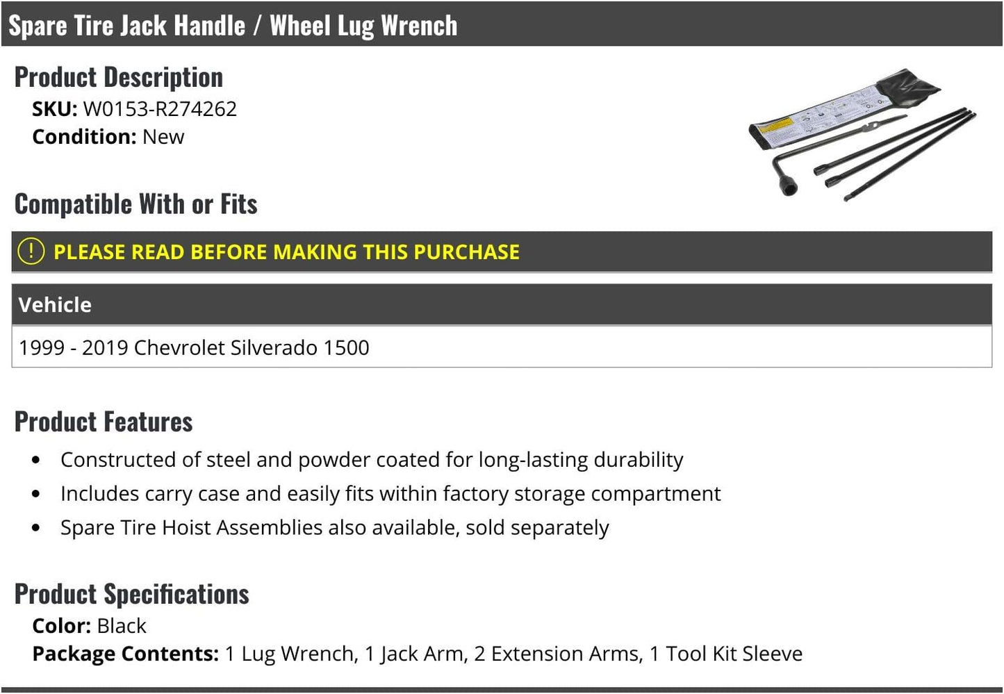 Spare Tire Jack Handle/Wheel Lug Wrench - Compatible with 1999-2019 Chevy Silverado 1500