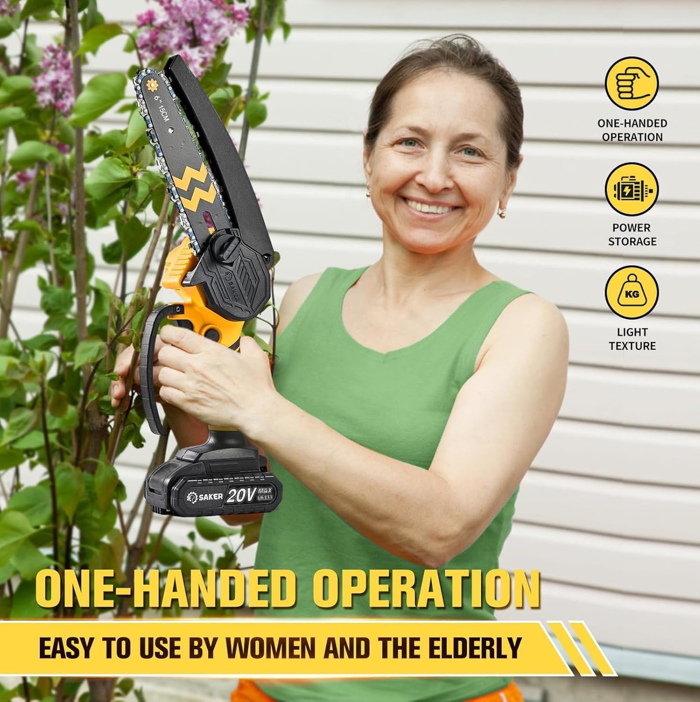 Saker Mini Chainsaw Cordless 6-Inch-Switch Security Lock-Cordless Power Chain Saws-Handheld Small Chainsaw for Cutting Wood Trimming and Woodworking- Mini Chain Saw Cordless with 2 Batteries