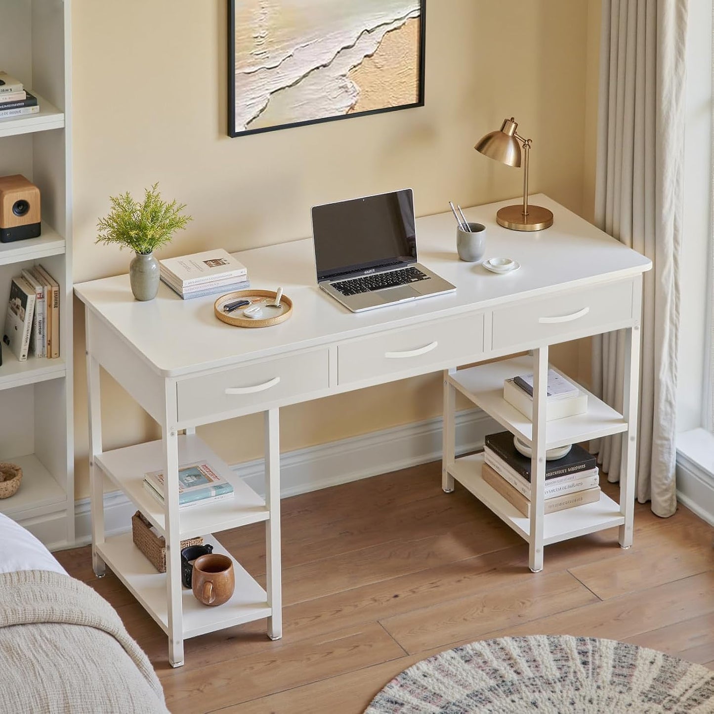 47-inch Computer Desk with 3 Drawers, Small Home Office Desk with Storage Shelves and Sturdy Metal Frame, White