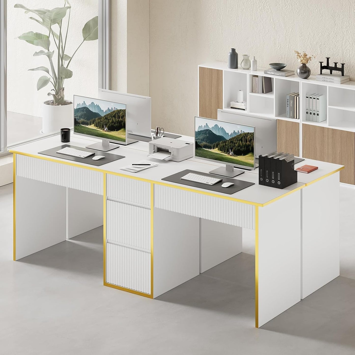 4 EVER WINNER Two Person White Desk with Drawers, 78.72 Inch Extra Long Computer Desk with 5 Storage Drawers, Study Writing Desk with Storage Shelves for Home Office, White and Gold Desk