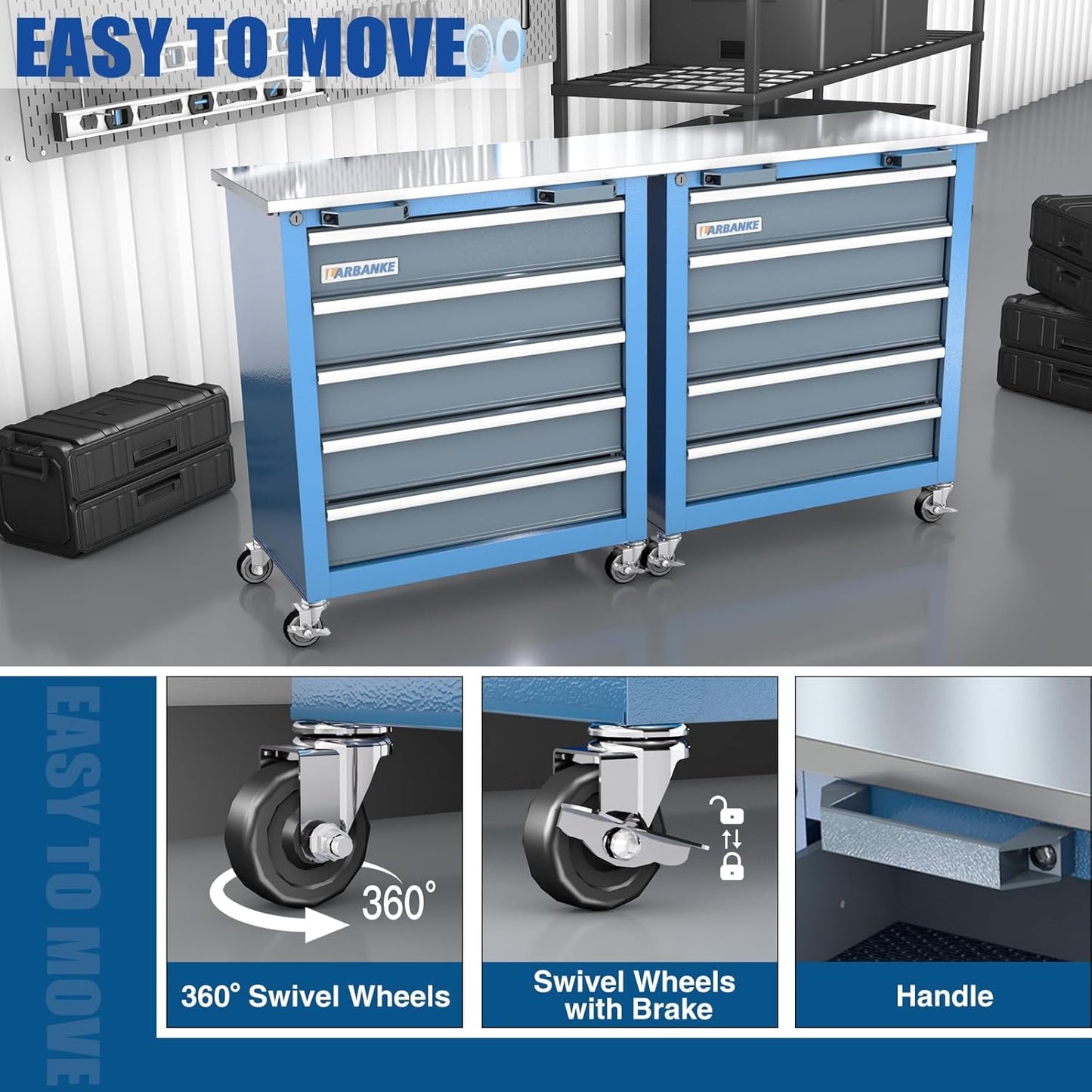 5-Drawer Rolling Tool Chest,Tool Chest with Keyed Locking System, with Wheels and Foot Pads,Rolling Tool Cabinet with Stainless CounterTop and Drawer Liners,Unique Link Buckle for Connecting