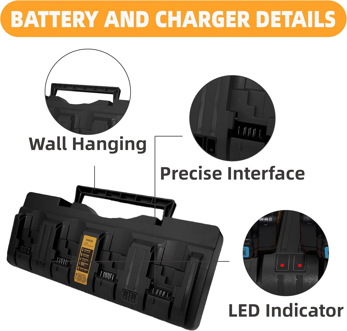 4-Port Battery Charger Station Replace for Dewalt DCB104 DCB120 DCB127 DCB112 DCB115 DCB118 DCB107 DCB105 DCB102, Compatible with Dewalt 12V 20V Max Lithium Battery DCB205 DCB206 DCB207 DCB606 DCB127