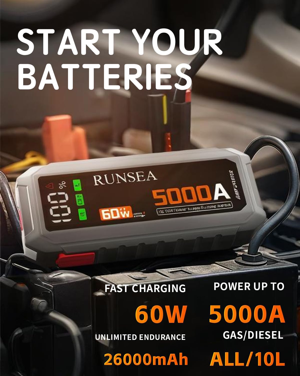 5000A Portable Jump Starter,60W Quick Charge Speed 12V Car Battery Jump Starter,LED Display,26000mAh Portable car Jump Starter Battery Pack(All Gas and 10L Diesel Engine),LED Light,Jumper Cables